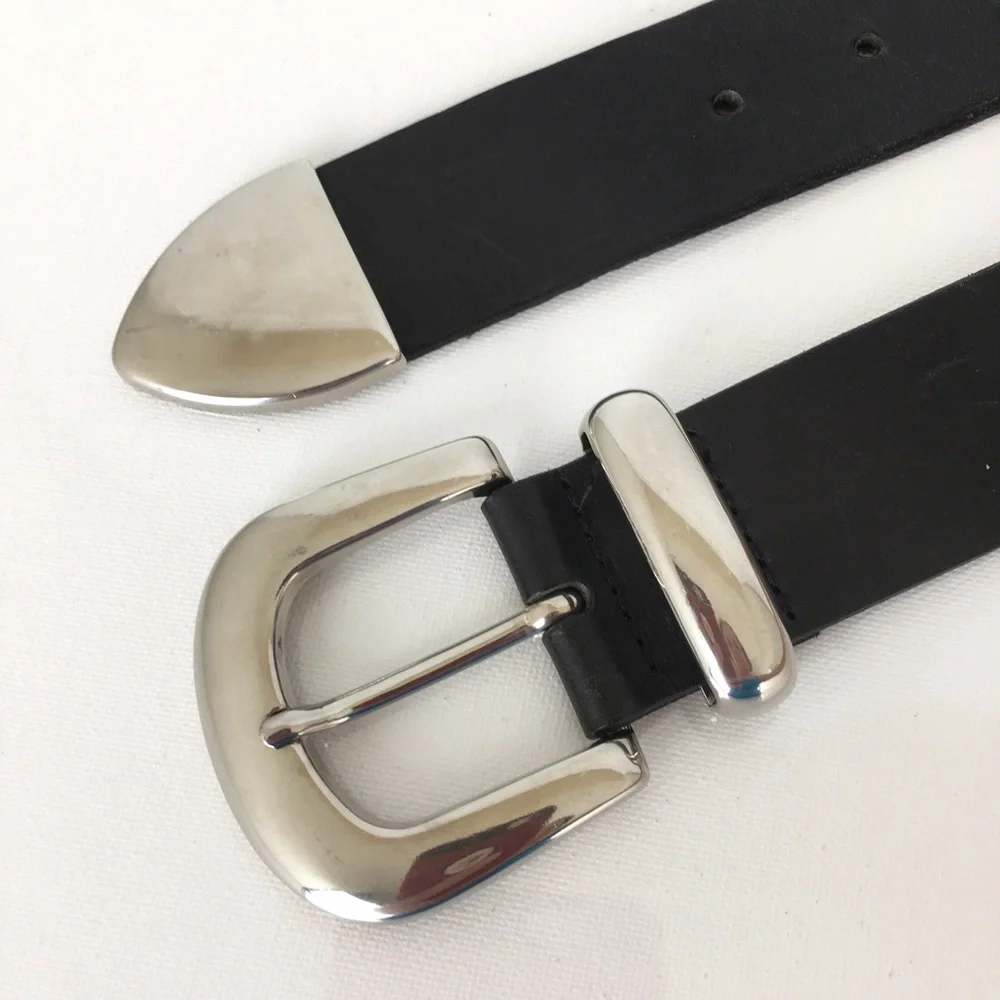 Smooth Black Italian Leather Belt Silver Buckle Women’s Size Small